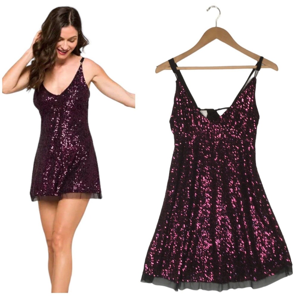 Intimately Free People Size XS Gold Rush Sequined Mini Party Dress Plum V Neck
